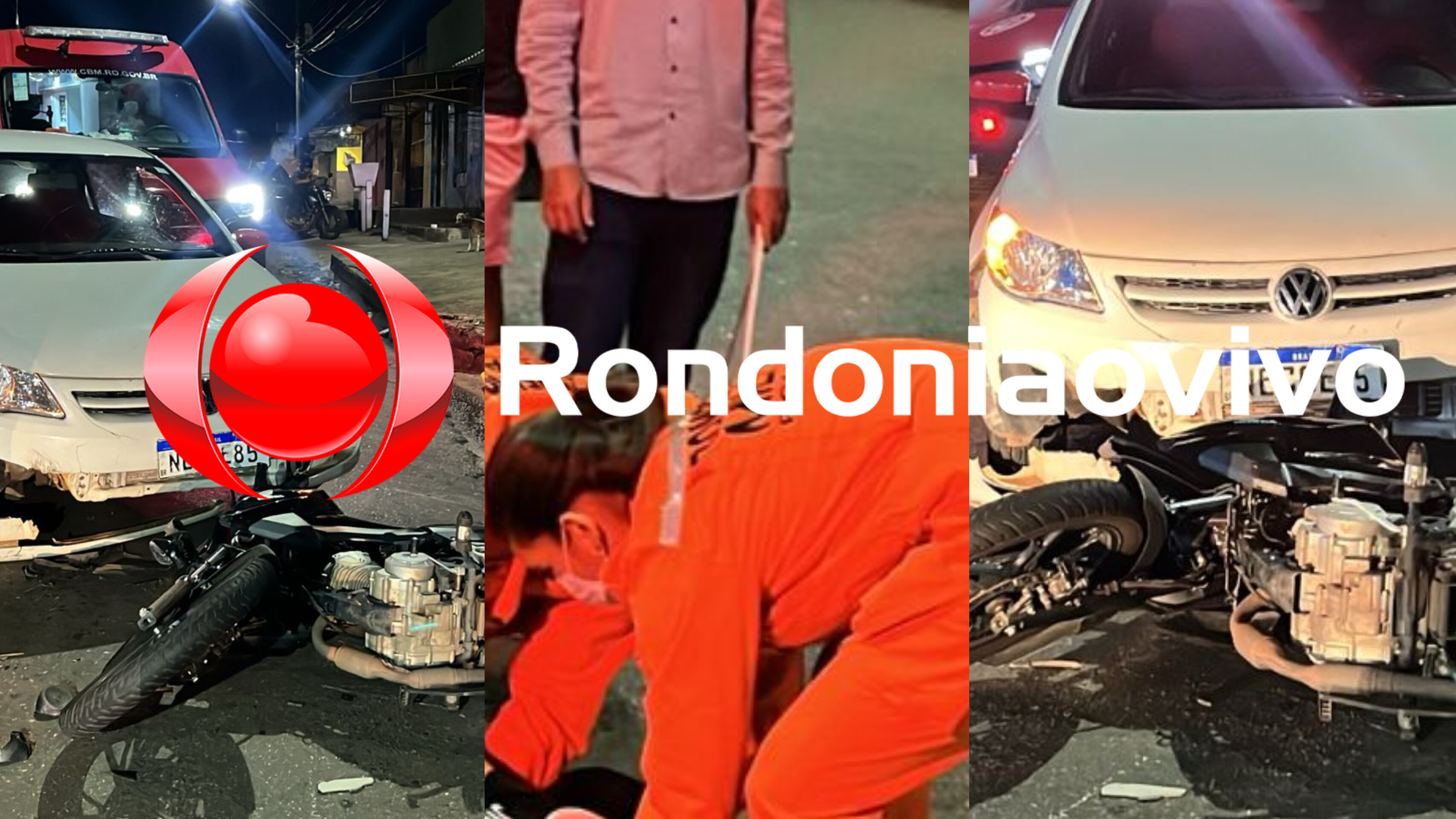 TRÊS E MEIO: Motociclista bate frontalmente com carro e vai parar em calçada 