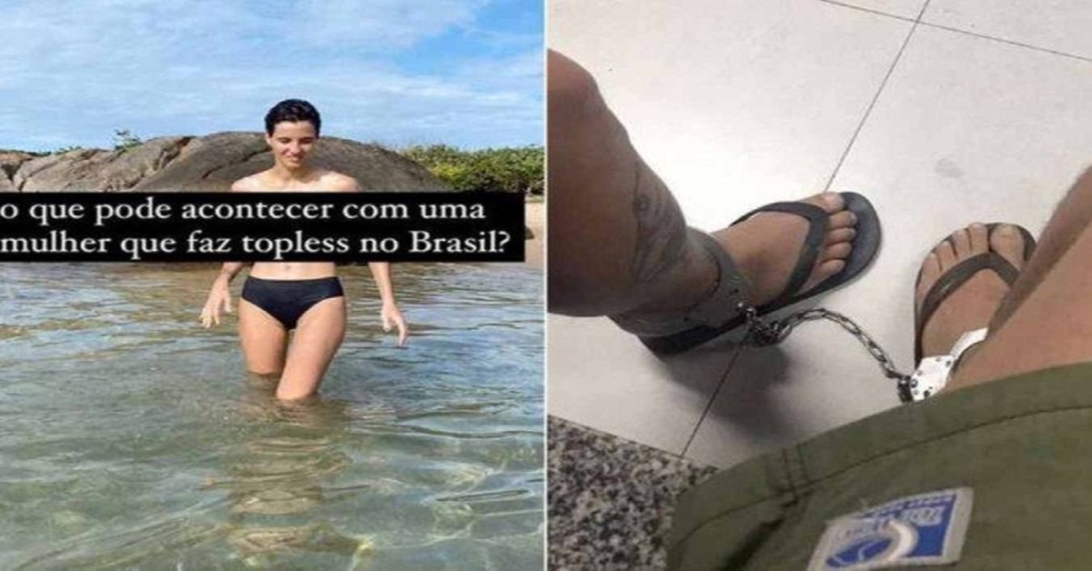 CORAGEM: Mulher é presa e algemada por fazer topless em praia