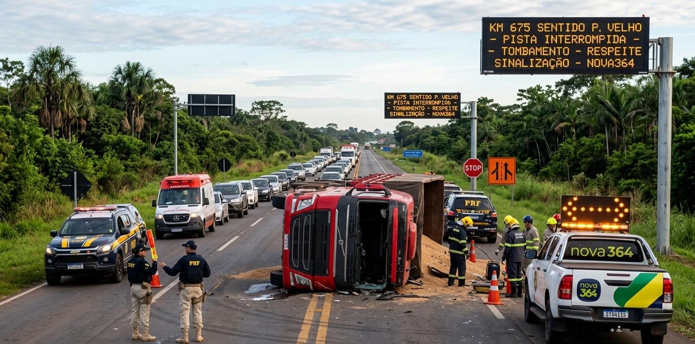 ATENÇÃO: Tombamento interrompe o trânsito na BR-364 em Candeias do Jamari