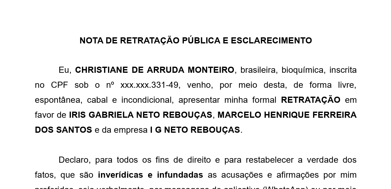 NOTA: Christiane Monteiro emite nota pública de retratação formal