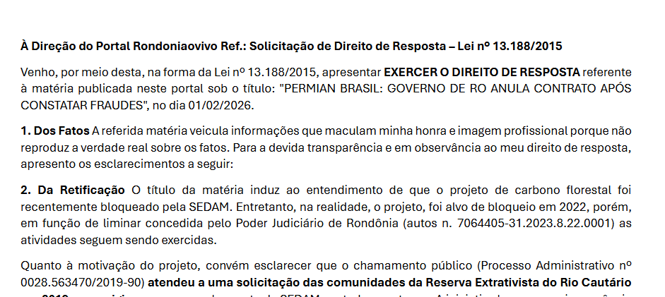 DIREITO DE RESPOSTA: Contrato de carbono no Rio Cautário é legal e opera sob liminar, diz ex-servidor