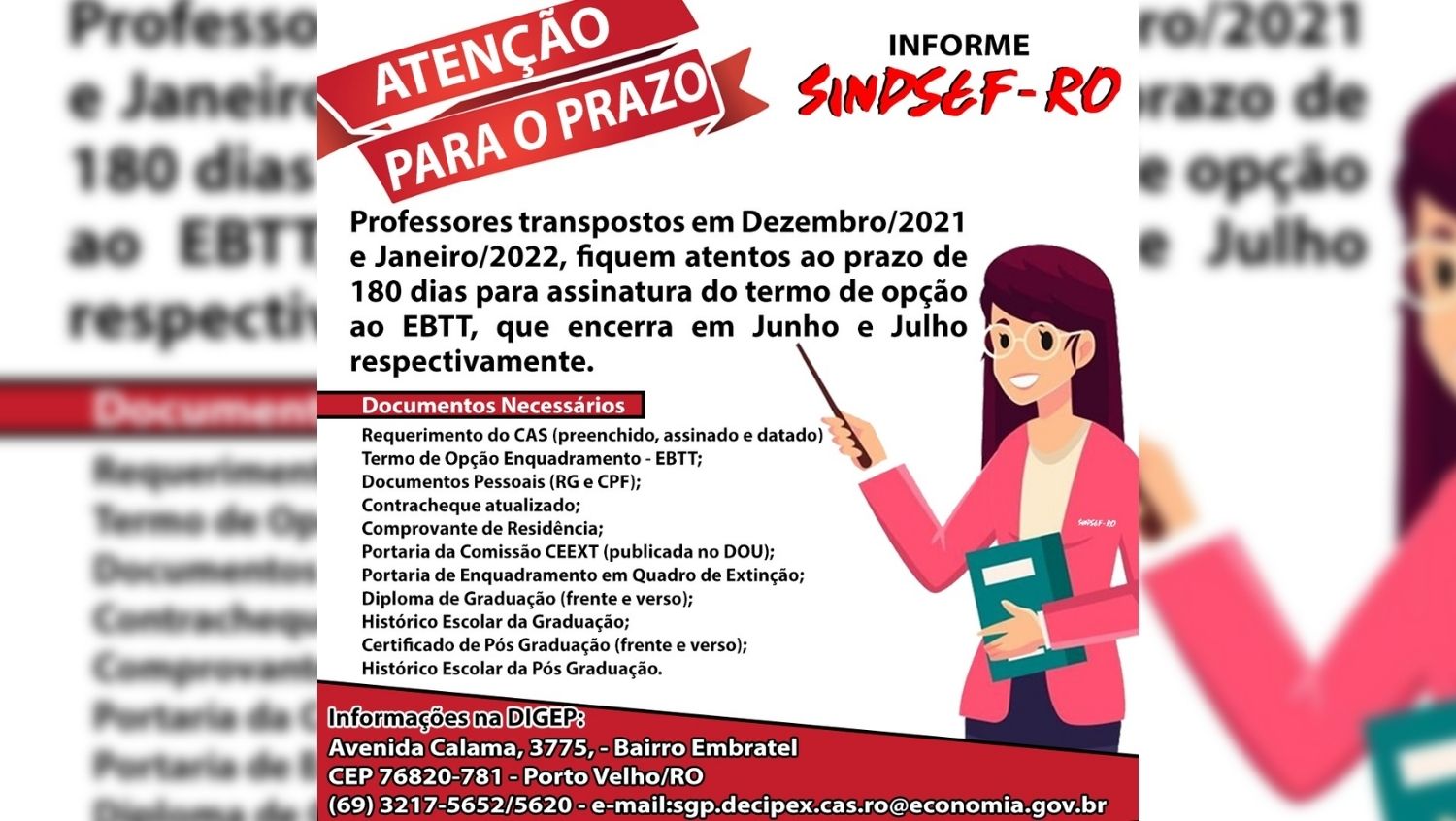 AVISO: Sindsef alerta professores transpostos para fim do prazo para opção