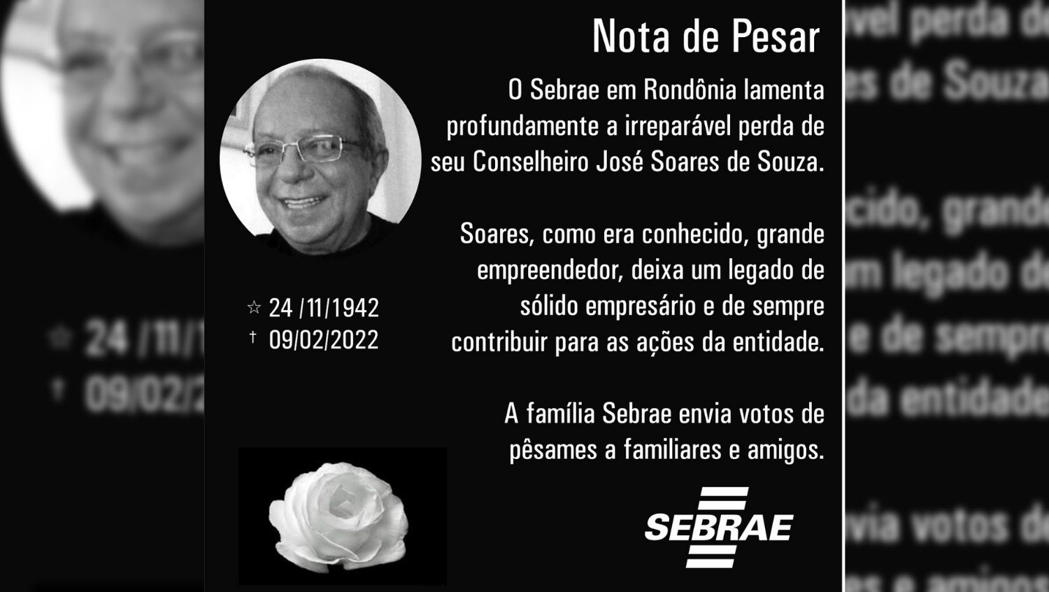 FALECIMENTO: Sebrae emite nota de pesar pela morte de José Soares de Souza