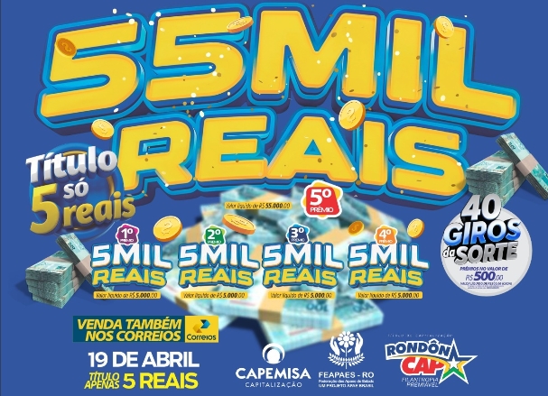 RONDÔNCAP: 55 mil no 5º Prêmio, 4 prêmios de 5 mil e 40 Giros da Sorte