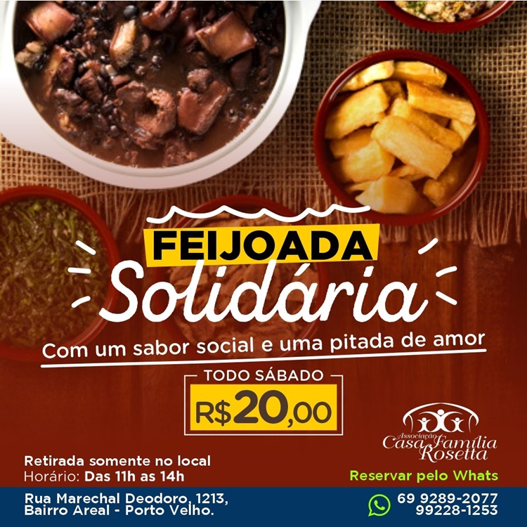 SOLIDARIEDADE: Feijoada da Casa Família Rosetta estará ocorrendo no próximo sábado (22)