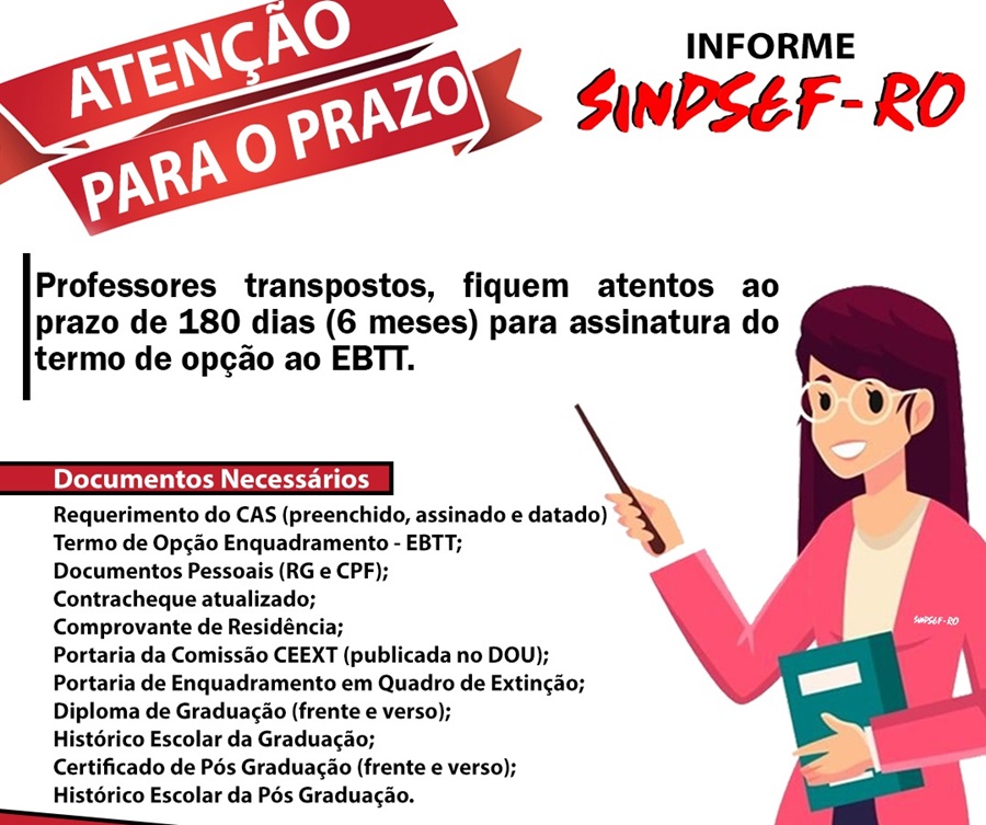 SINDICATO: Sindsef alerta professores transpostos para o encerramento do prazo do EBTT