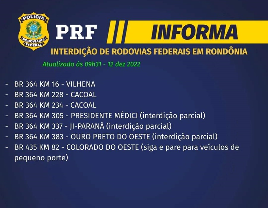 BLOQUEIOS: Sete pontos de rodovias em RO estão interditados, diz PRF