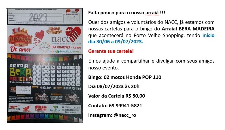 SORTE: NACC vai fazer bingo de duas motos Honda e as cartelas já estão à venda