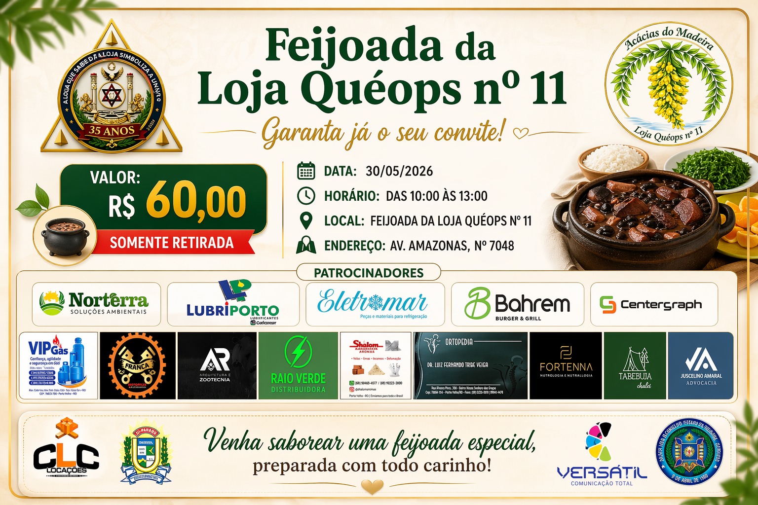 BENEFICENTE: Loja Quéops nº 11 promove feijoada em PVH