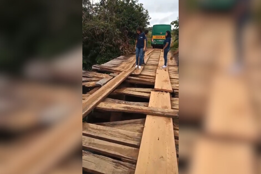 CAINDO AOS PEDAÇOS: Ponte em Candeias do Jamari pôe estudantes em perigo
