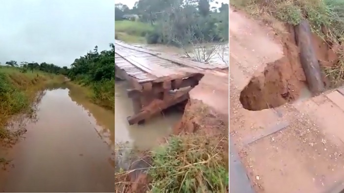 JARU: Forte chuva inunda região e destrói cabeceira de ponte do rio Toque Fone