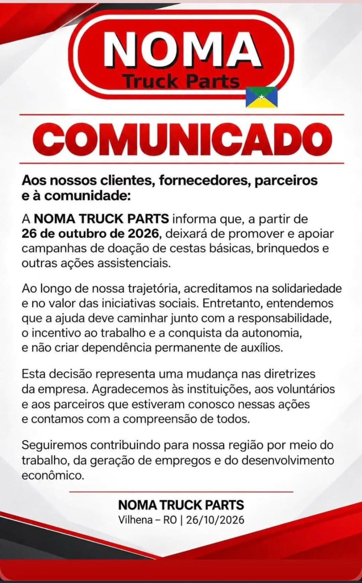 EM VILHENA: Empresa anuncia que não doará mais cestas básicas e outras firmas aderem
