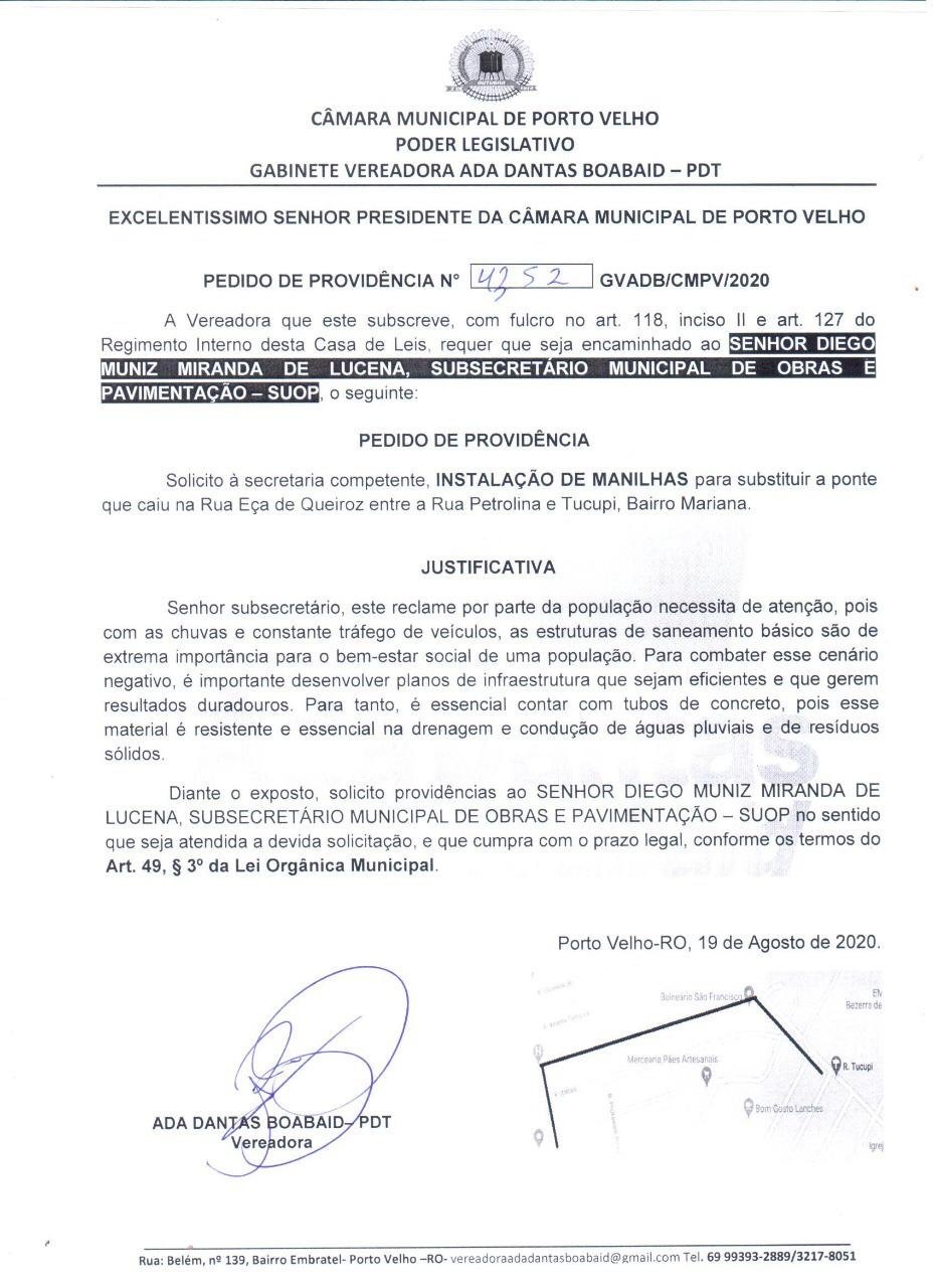 BAIRRO MARIANA: Vereadora Ada Dantas solicita construção de ponte em córrego