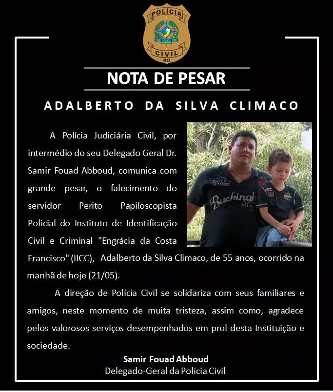 TRISTEZA: Policial civil morre vítima de coronavírus em Rondônia