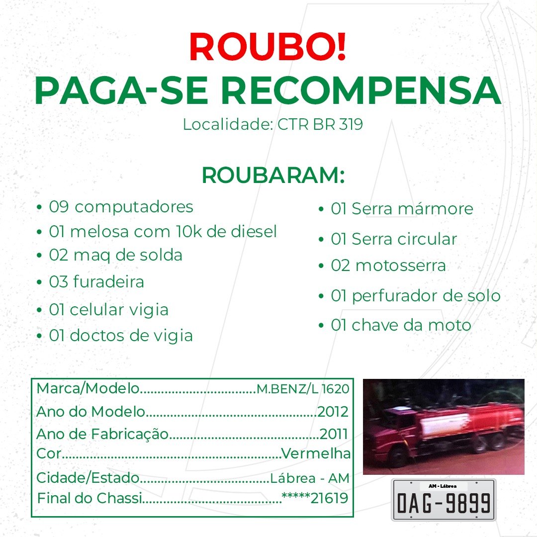 R$ 10 MIL: Oferece-se recompensa para quem encontrar caminhão tanque roubado