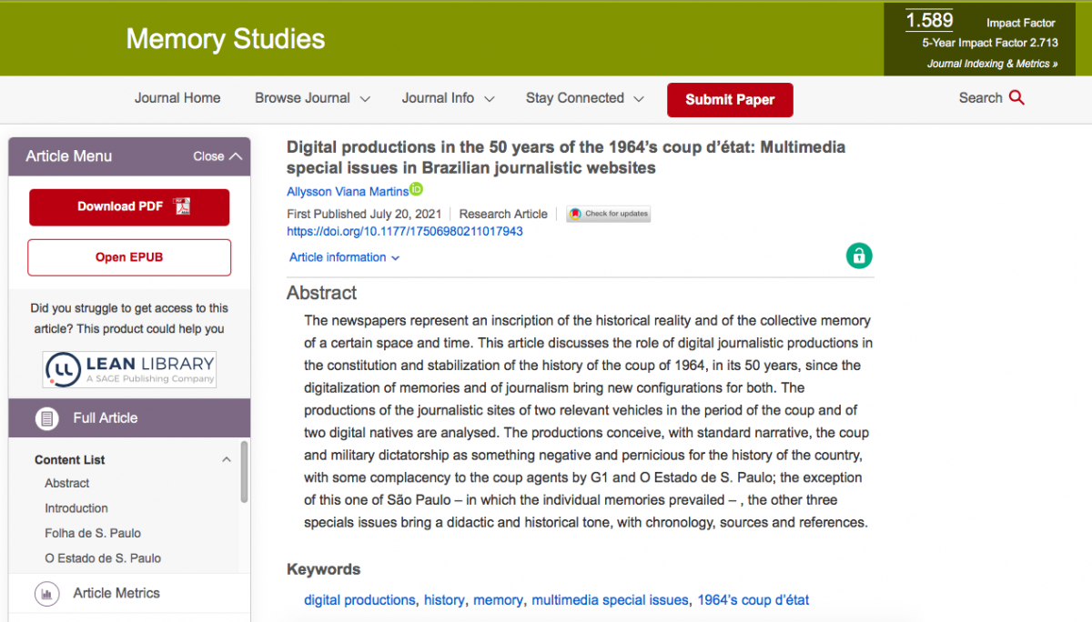 INTERNACIONAL : Professor da UNIR publica pesquisa sobre jornalismo na Memory Studies