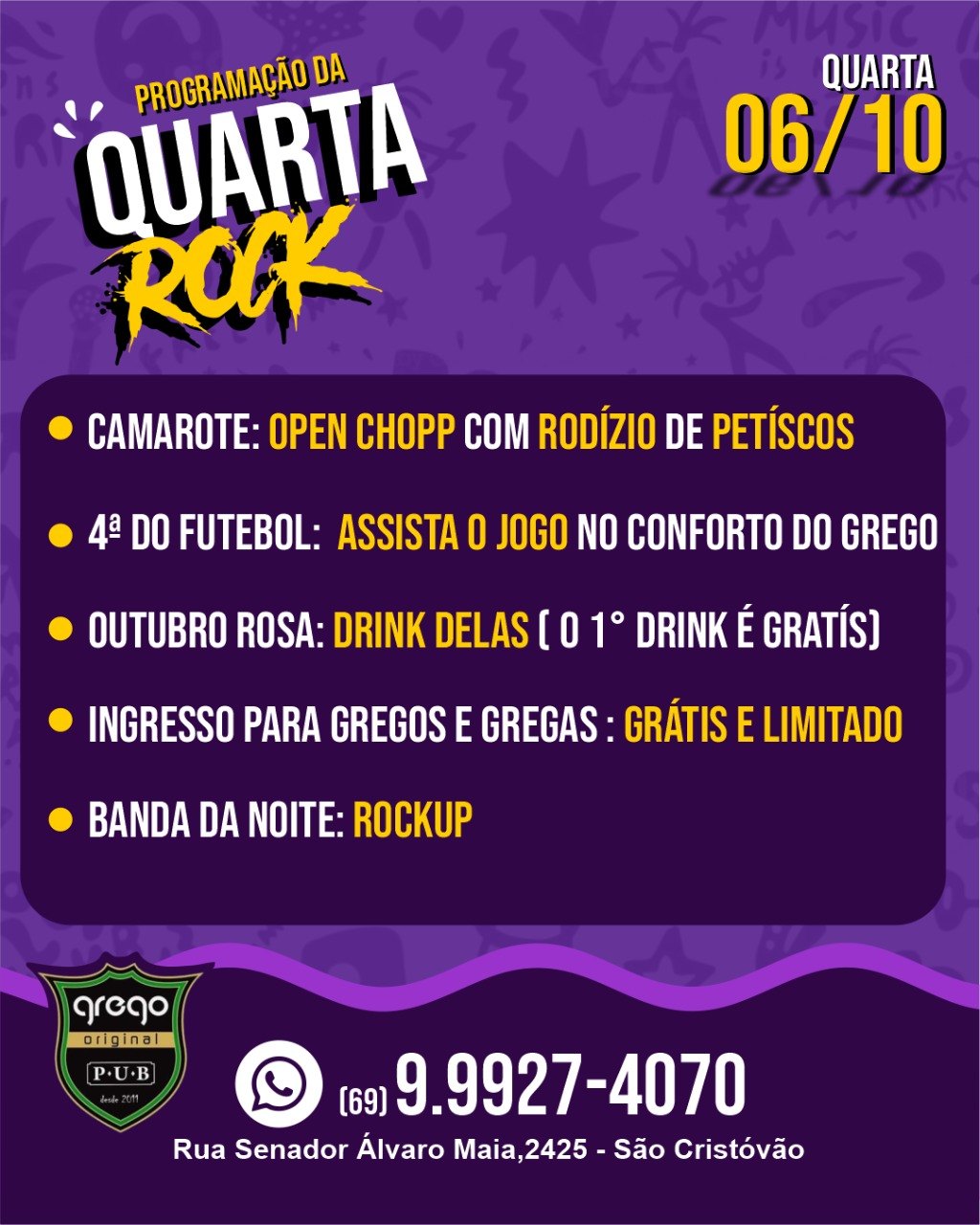 LANÇAMENTO: Camarote open chopp com rodízio de petiscos e rock ao vivo no Pub Grego