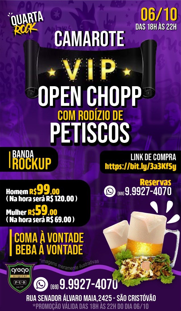 LANÇAMENTO: Camarote open chopp com rodízio de petiscos e rock ao vivo no Pub Grego
