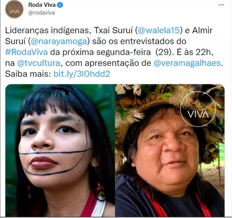 HISTÓRICO: Txai e Almir Suruí serão entrevistados do Roda Viva nesta segunda (29)