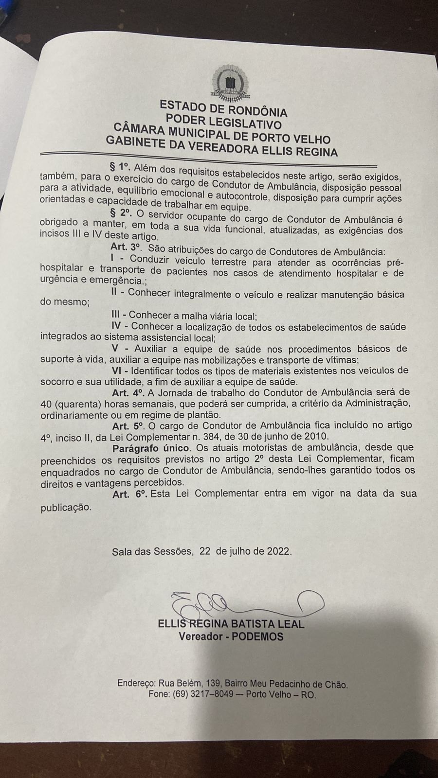 CONDUTOR SOCORRISTA: Ellis Regina apresenta projeto que regulamenta condutores de ambulância