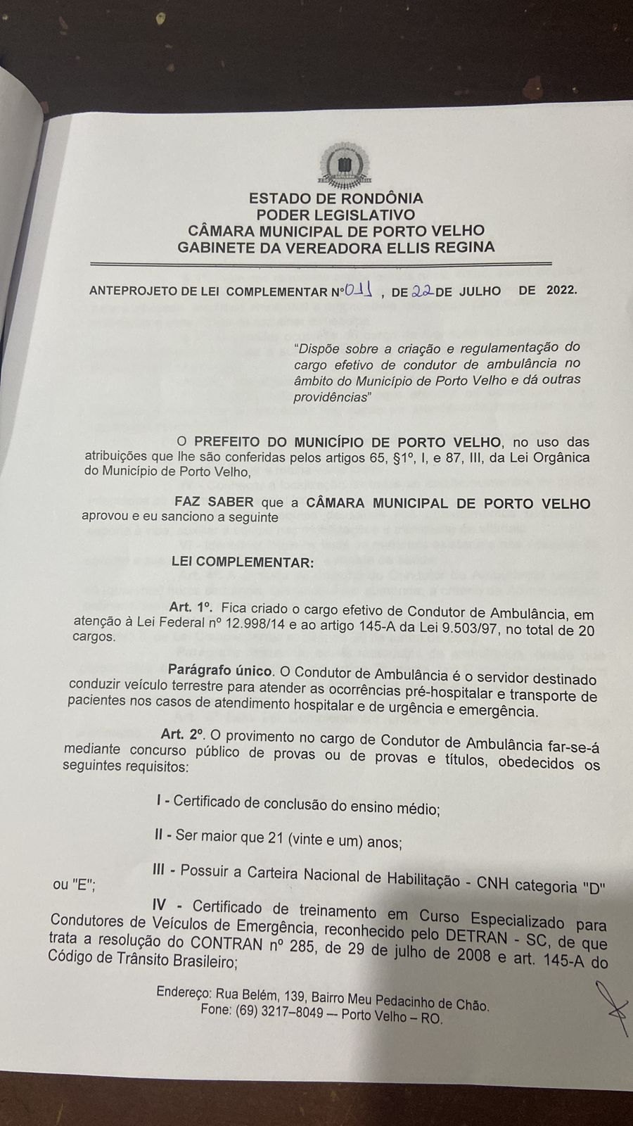 CONDUTOR SOCORRISTA: Ellis Regina apresenta projeto que regulamenta condutores de ambulância