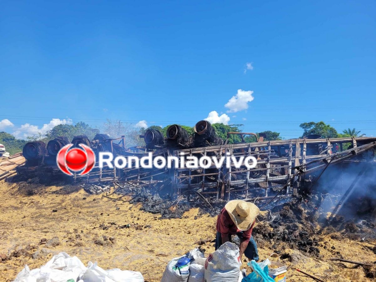DESTRUÍDA: Carreta pega fogo após tombar na BR-364 e carga é saqueada