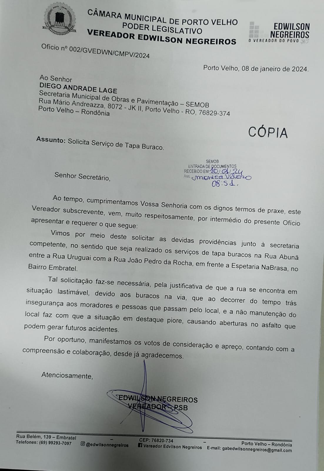 EDWILSON NEGREIROS: Prefeitura conserta buraco em rua do Embratel após intervenção de vereador