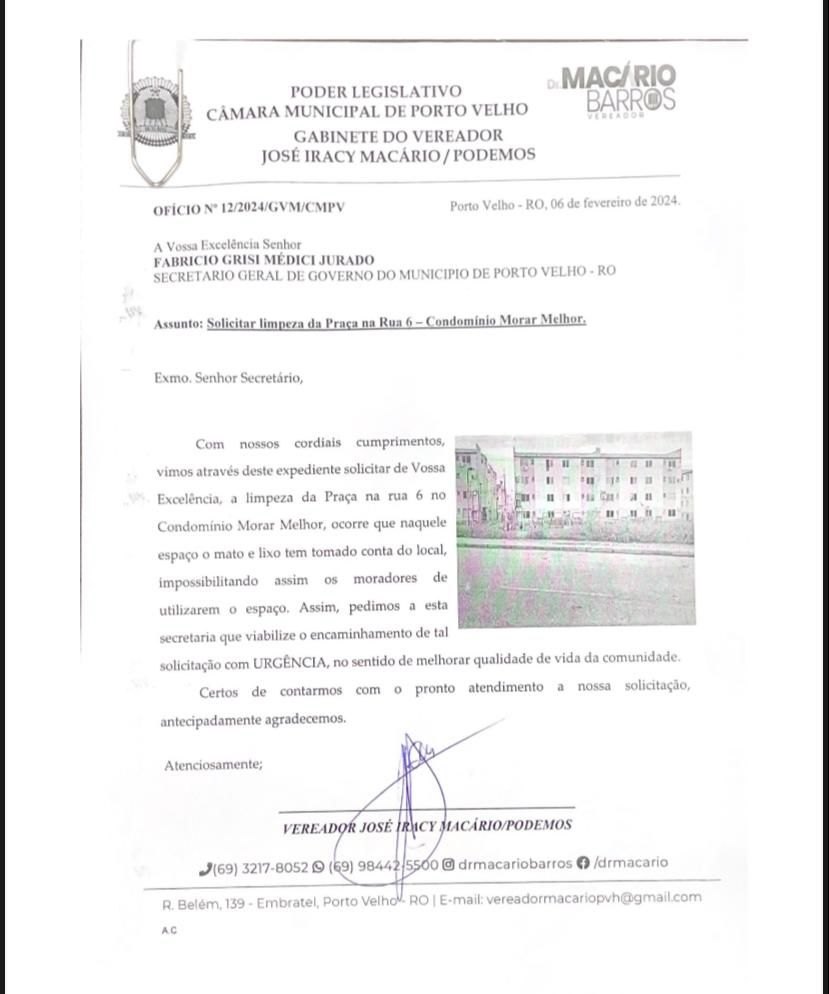 DR MACÁRIO: Vereador solicita limpeza da Praça do Condomínio Morar Melhor 