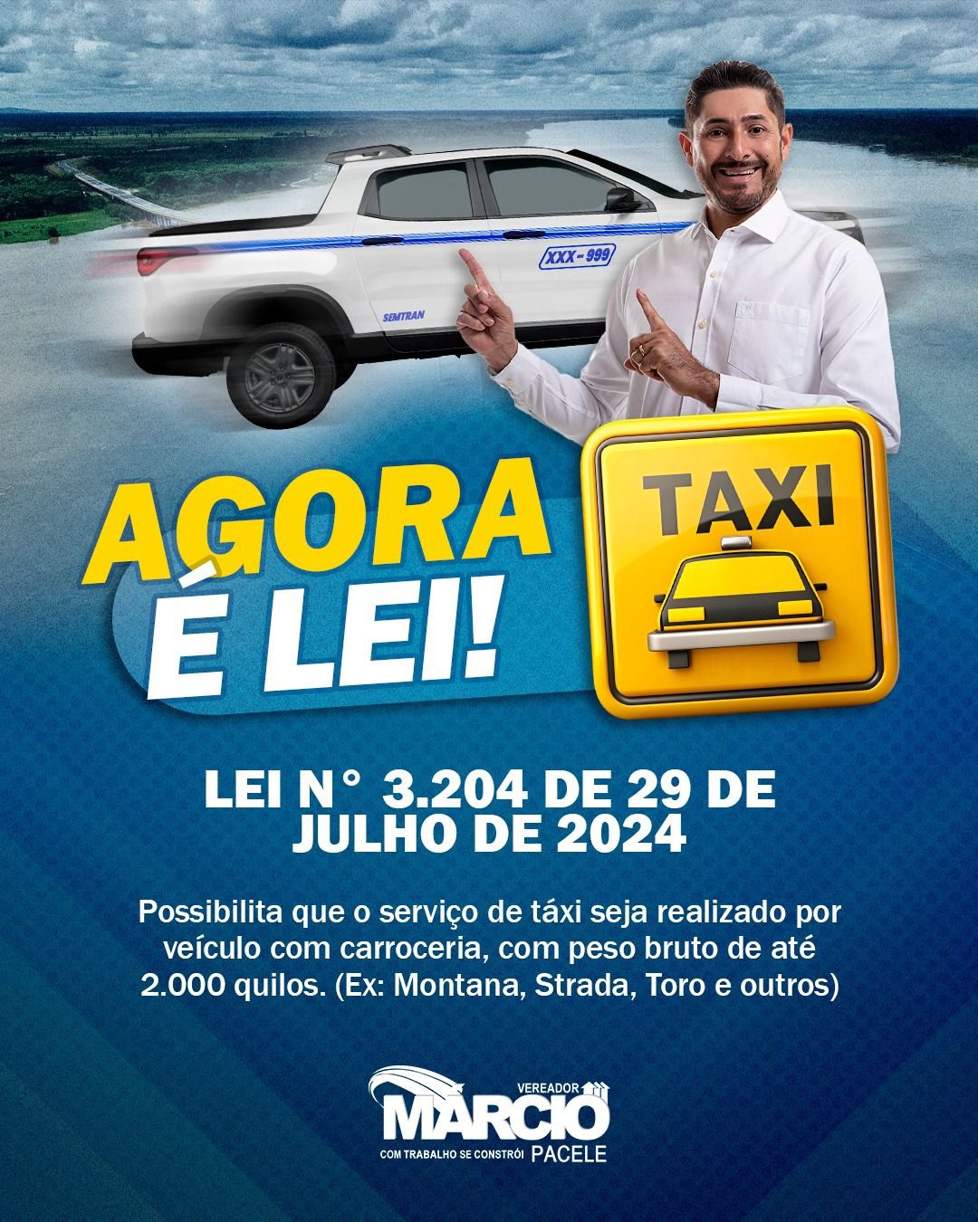 MÁRCIO PACELE: Lei de vereador amplia veículos aptos para serviço de táxi