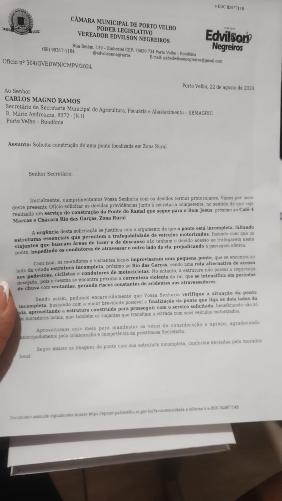 EDWILSON NEGREIROS: Vereador solicita conclusão de ponte em zona Rural de Porto Velho