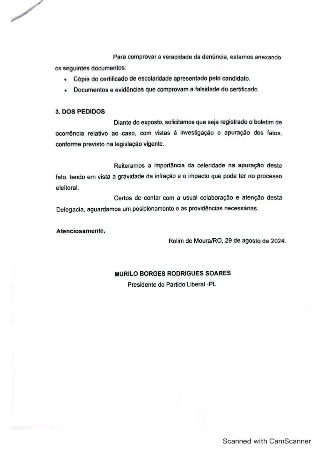 ROLIM DE MOURA: PL denuncia prefeito por uso de certificado escolar falso em registro eleitoral