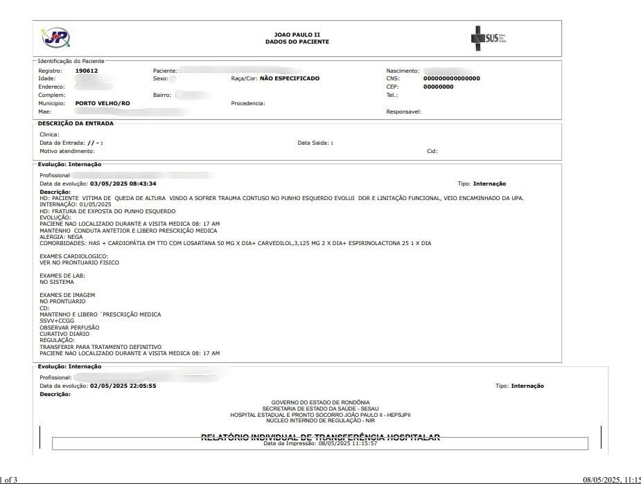 COM A TERCEIRIZAÇÃO: Pacientes da capital são levados nas madrugadas para Guajará-Mirim