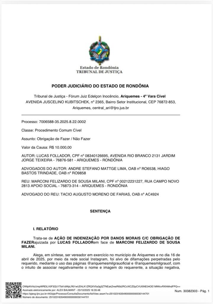 DERROTA: Vereador Lucas Follador de Ariquemes perde na Justiça ação contra comunicador