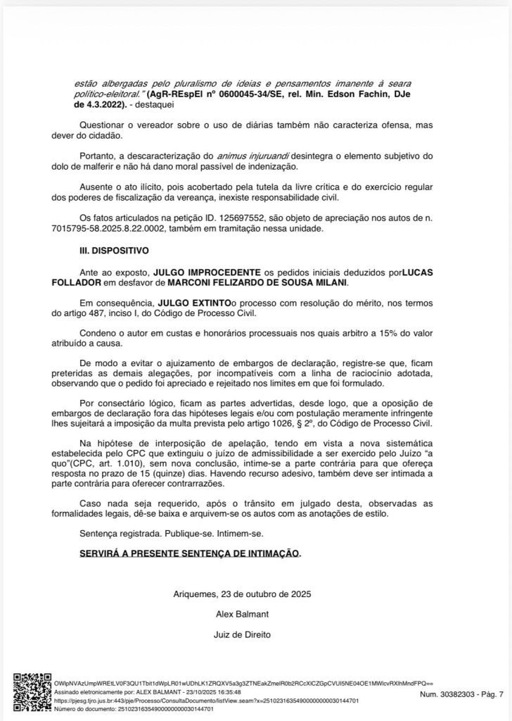 DERROTA: Vereador Lucas Follador de Ariquemes perde na Justiça ação contra comunicador