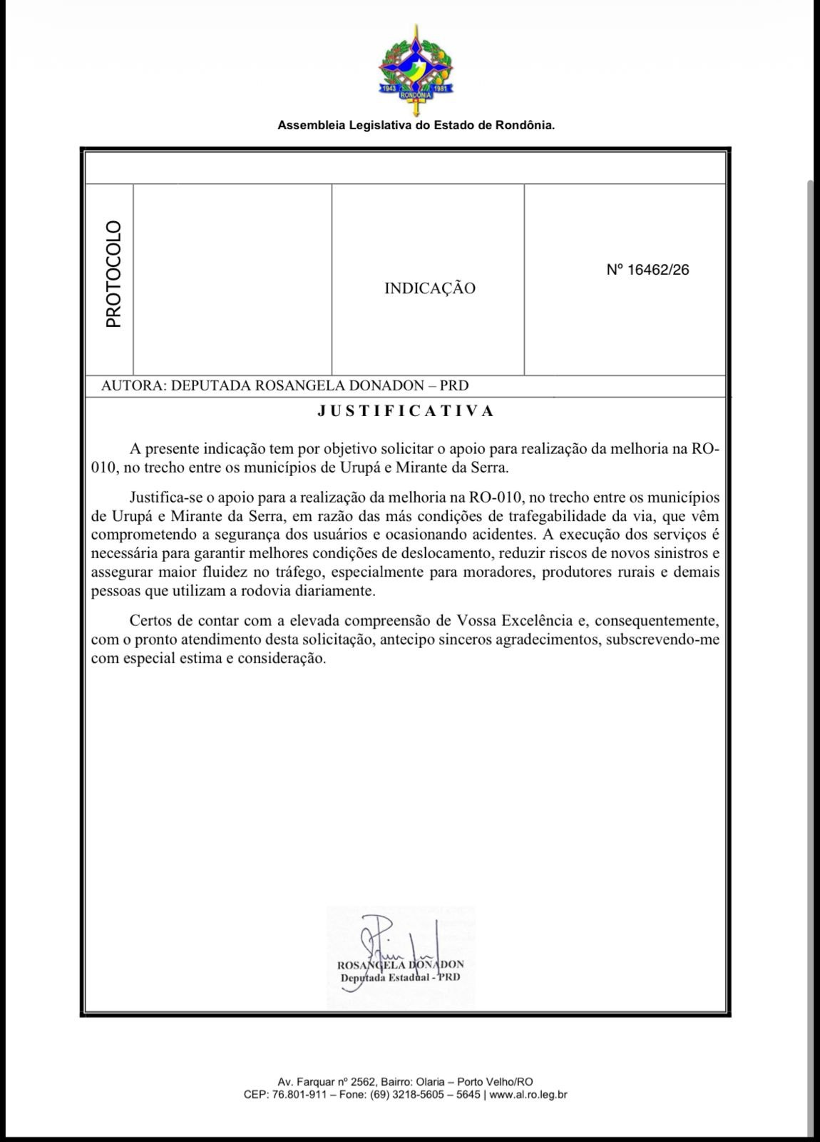 ROSANGELA DONADON: Recuperação da RO-010 é solicitada pela deputada para o trecho de Urupá