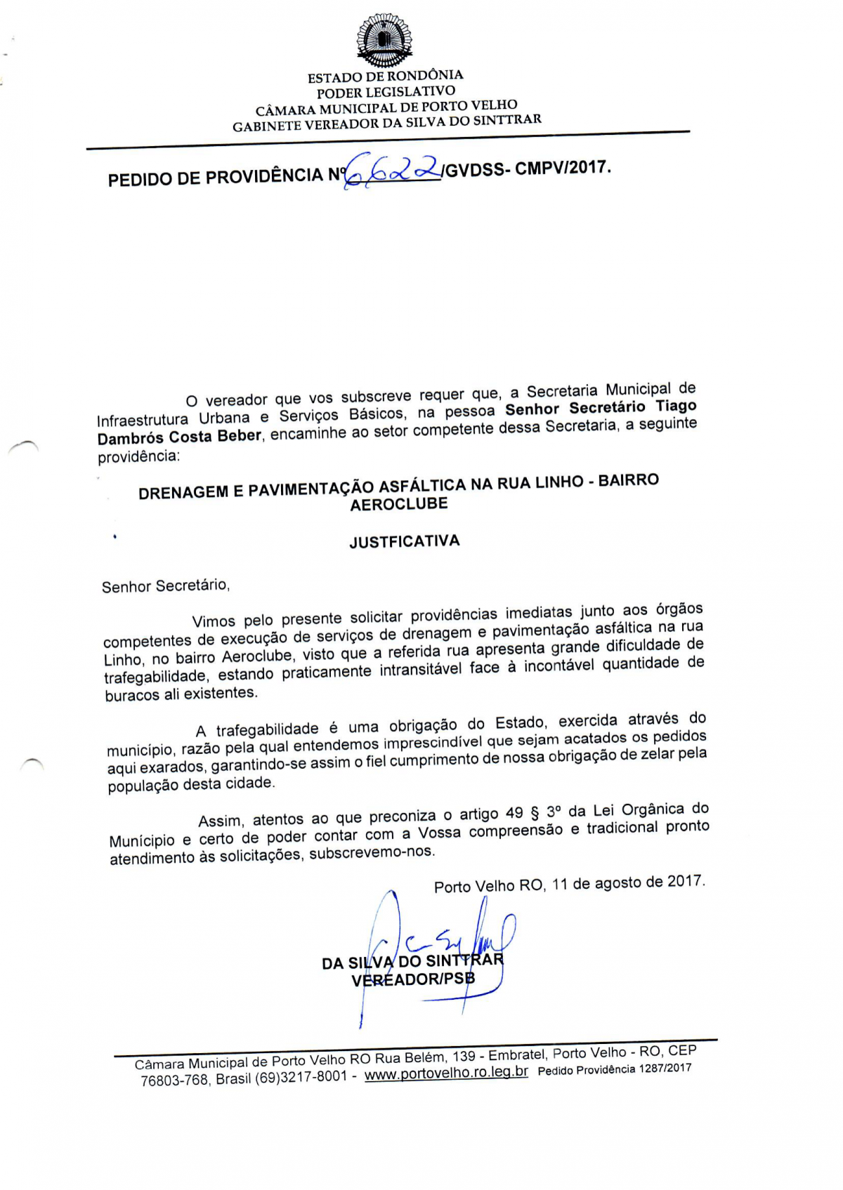 AEROCLUBE: Vereador Da Silva do Sinttrar solicita e Rua Linho recebe asfaltamento 