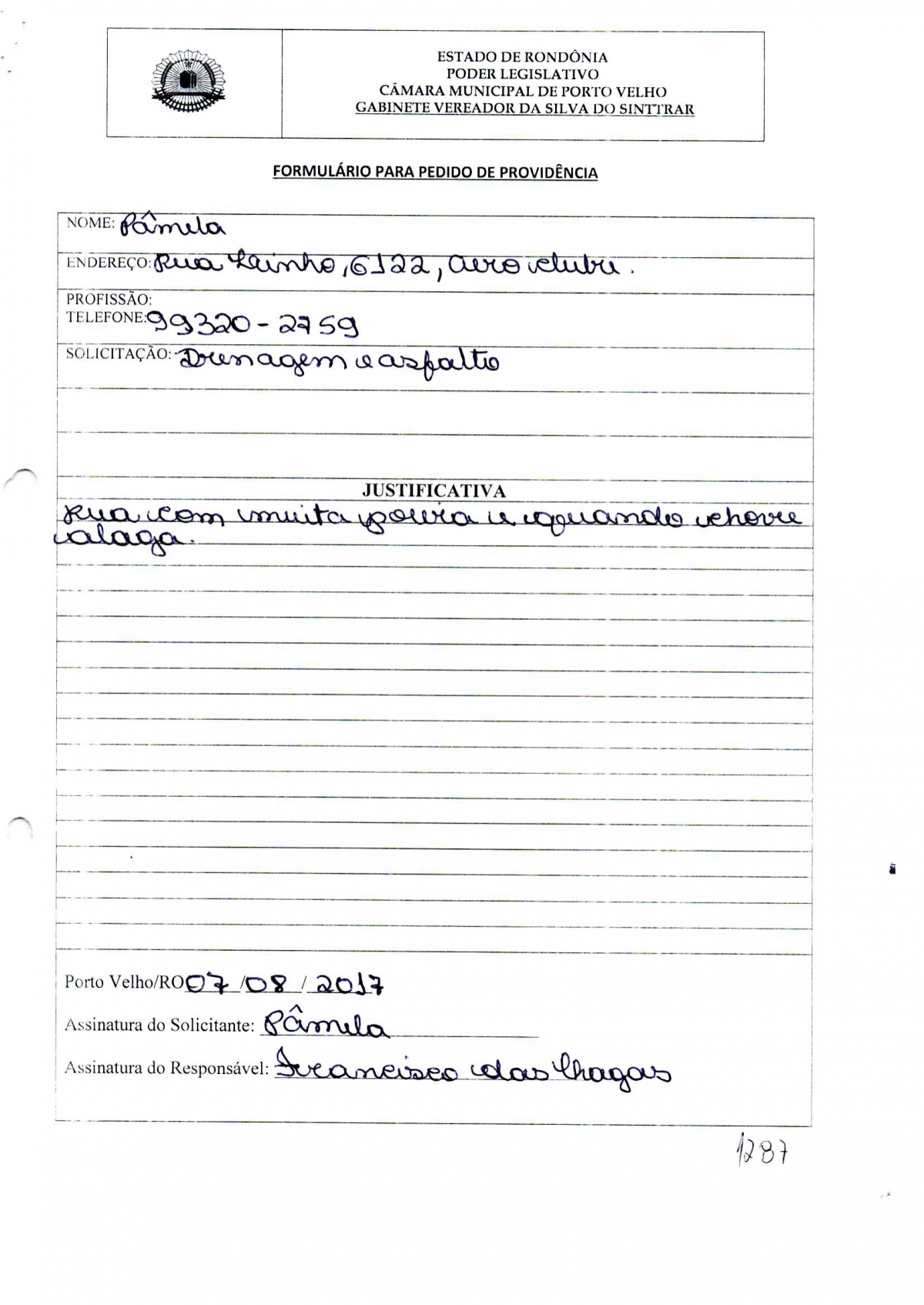 AEROCLUBE: Vereador Da Silva do Sinttrar solicita e Rua Linho recebe asfaltamento 