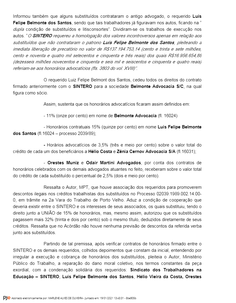 PRECATÓRIOS DO SINTERO: Advogados não vão receber honorários, decide Justiça do Trabalho