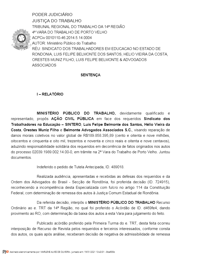 PRECATÓRIOS DO SINTERO: Advogados não vão receber honorários, decide Justiça do Trabalho