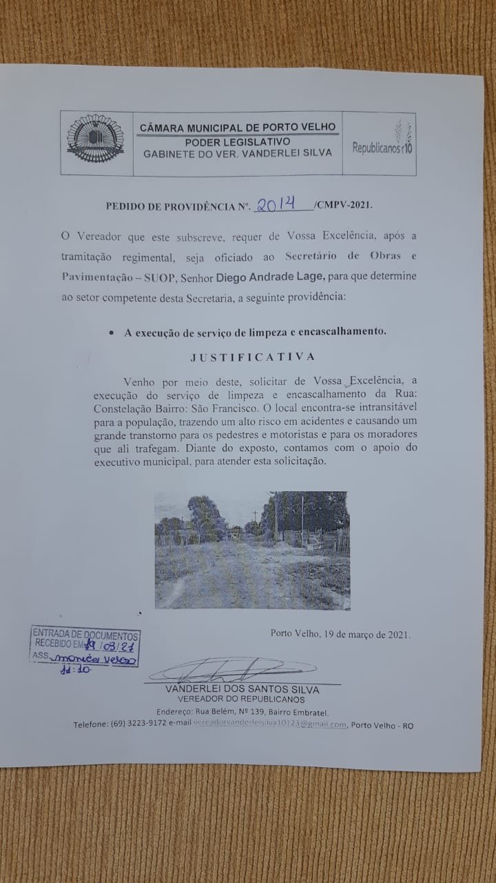 PORTO VELHO: Vereador Vanderlei Silva tem pedido atendido no bairro São Francisco