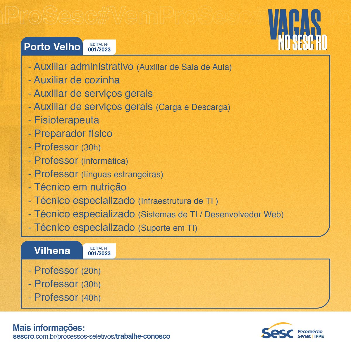 OPORTUNIDADE: Sesc Rondônia abre processo seletivo para 29 cargos da instituição