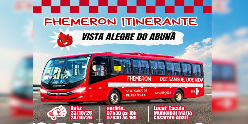 BANCO DE SANGUE: Fhemeron realiza coleta de sangue em Vista Alegre do Abunã nos dias 23 e 24